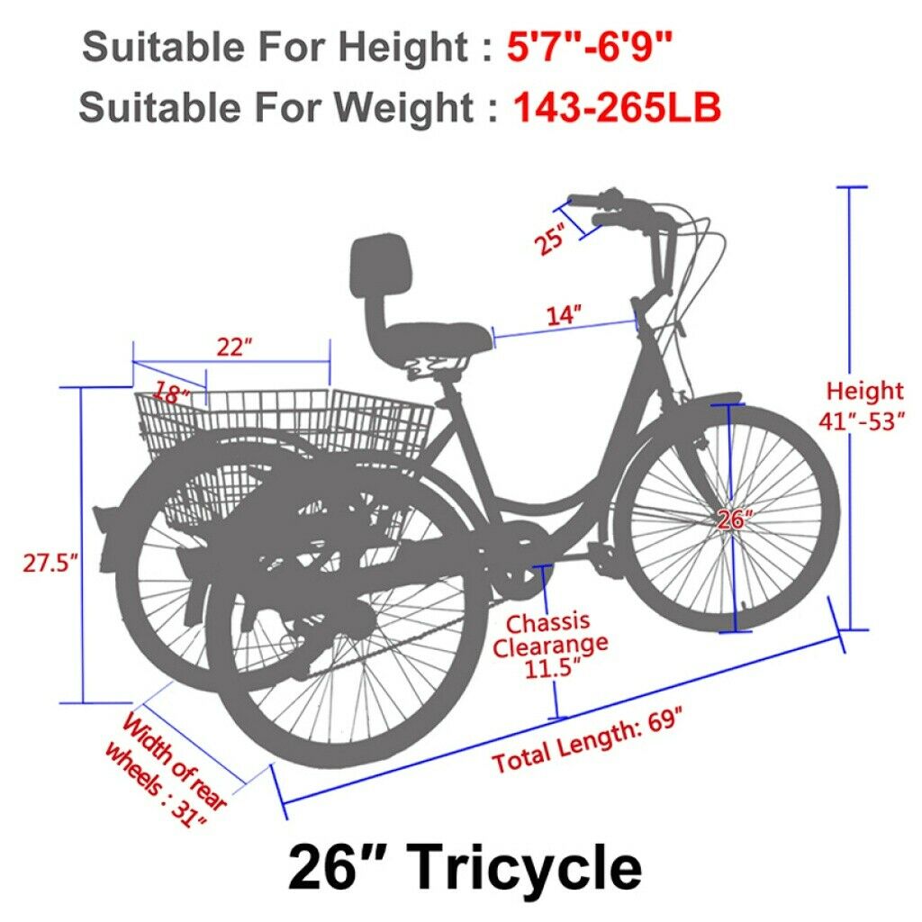 26 inch 7 Speed 3 Wheel Tricycle Bicycle Bike Adults Cruiser w/Basket&Backrest - Fresh Stock Dated January 2026