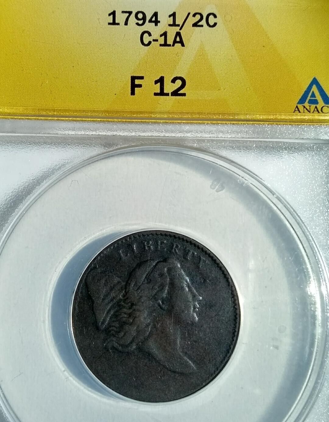 1794 half cent 1/2c  Liberty Cap C-1A - Lg Edge Letters BN - ANACS F 12 - Fresh Stock Dated December 2025