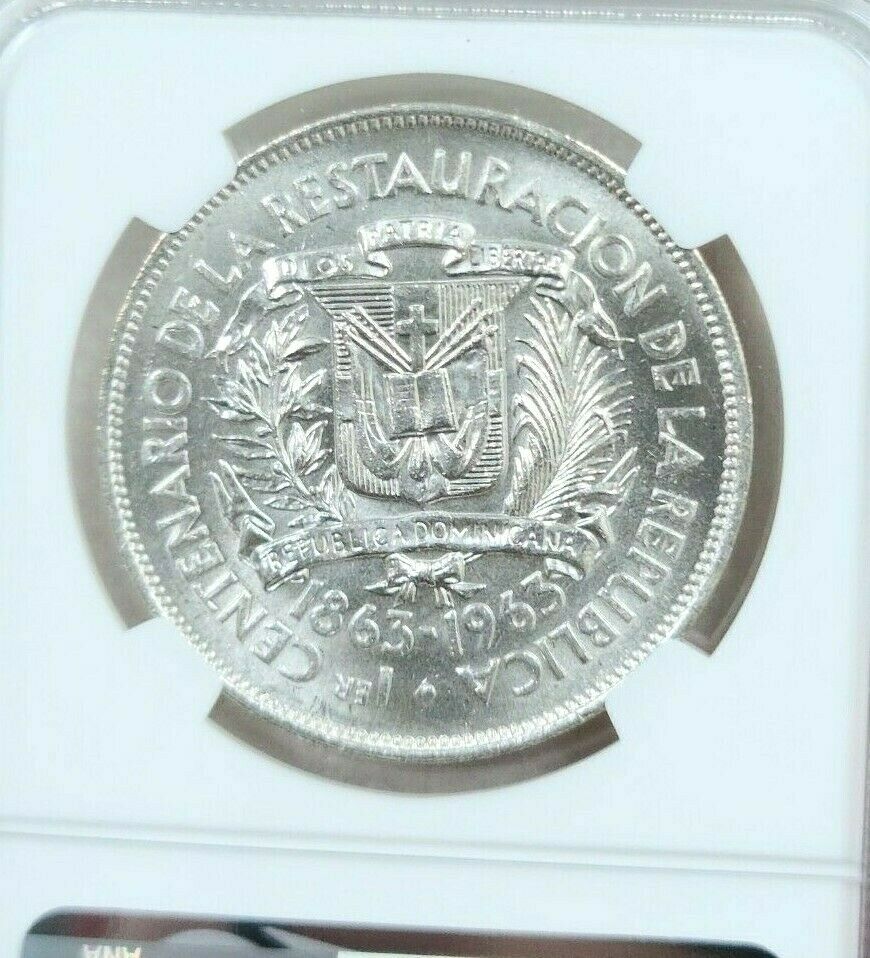 1963 DOMINICAN REPUBLIC SILVER 1 PESO REPUBLIC RESTORATION NGC MS 64 FROSTY BU - Fresh Stock Dated December 2025