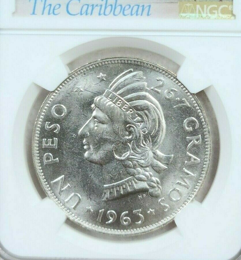1963 DOMINICAN REPUBLIC SILVER 1 PESO REPUBLIC RESTORATION NGC MS 64 FROSTY BU - Fresh Stock Dated December 2025