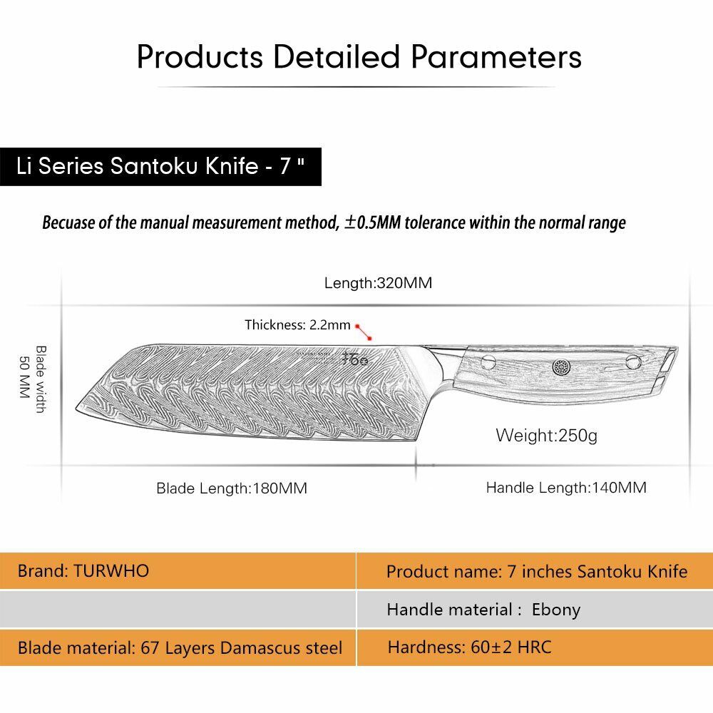 TURWHO 7in Santoku Knife 67-Layer Japanese VG10 Damascus Steel Kitchen Knife - Fresh Stock Dated February 2026