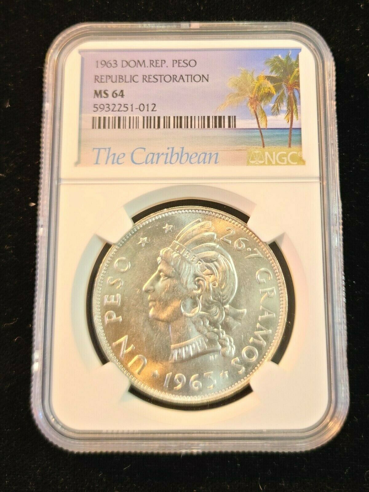 1963 DOMINICAN REPUBLIC SILVER 1 PESO REPUBLIC RESTORATION NGC MS 64 FROSTY BU - Fresh Stock Dated December 2025