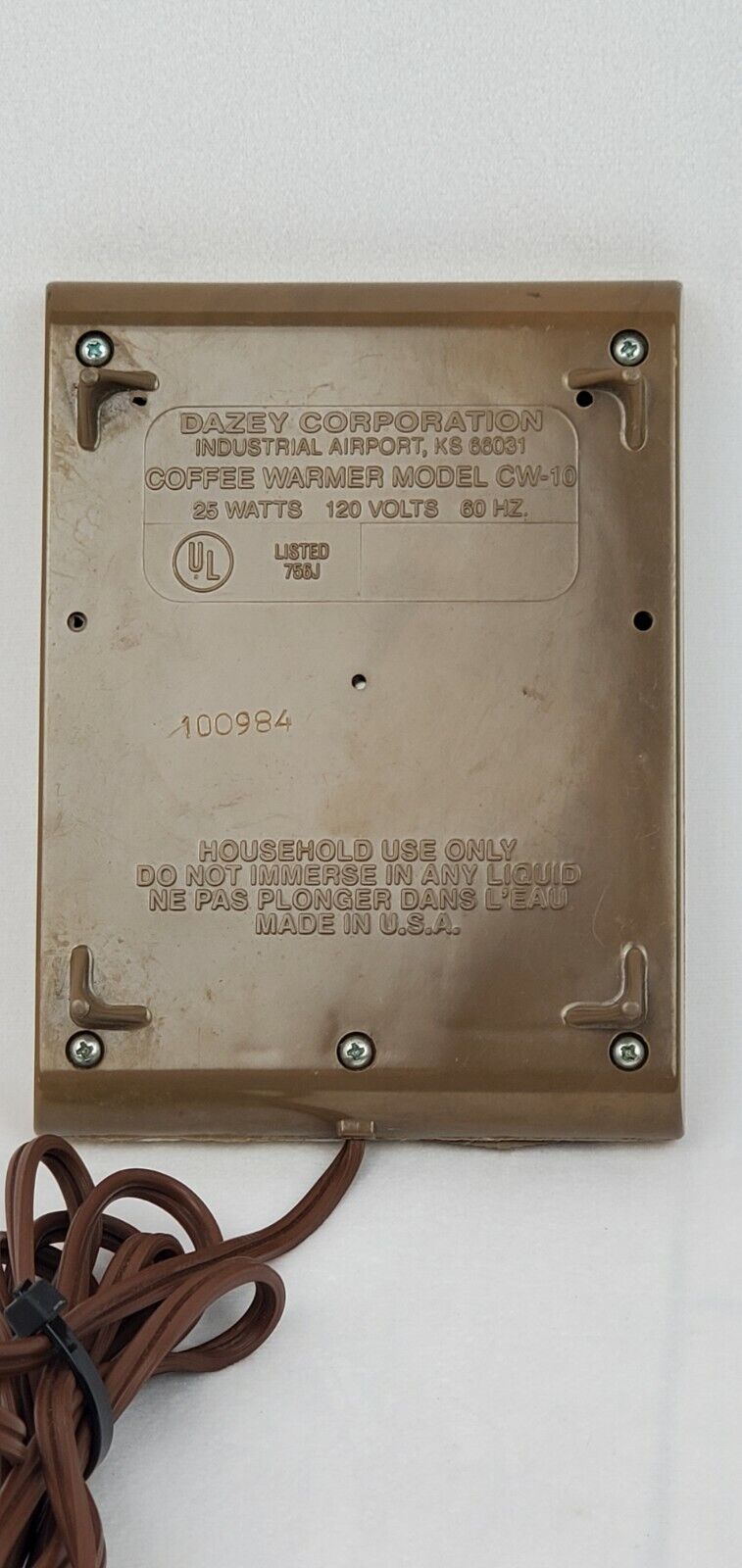 Vintage Dazey CW10 Coffee Beverage Warmer Beige 25 Watts Long Cord USA Tested - Fresh Stock Dated February 2026