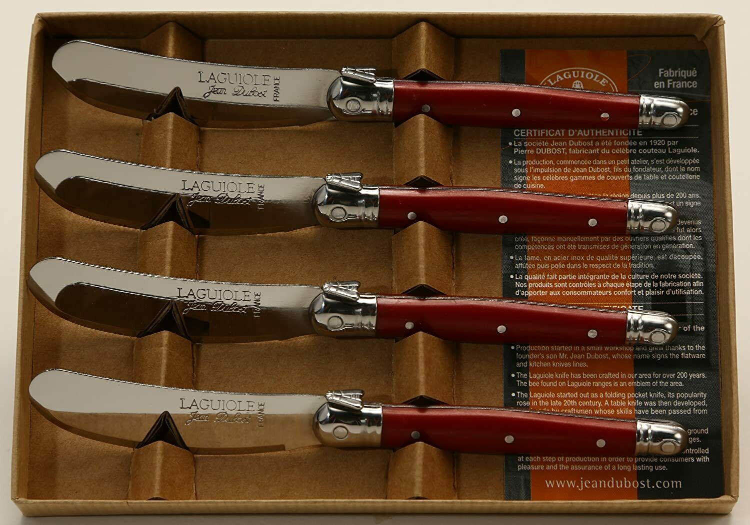 Jean Dubost Laguiole 4 Spreaders in Craft Box, Red - Fresh Stock Dated January 2026