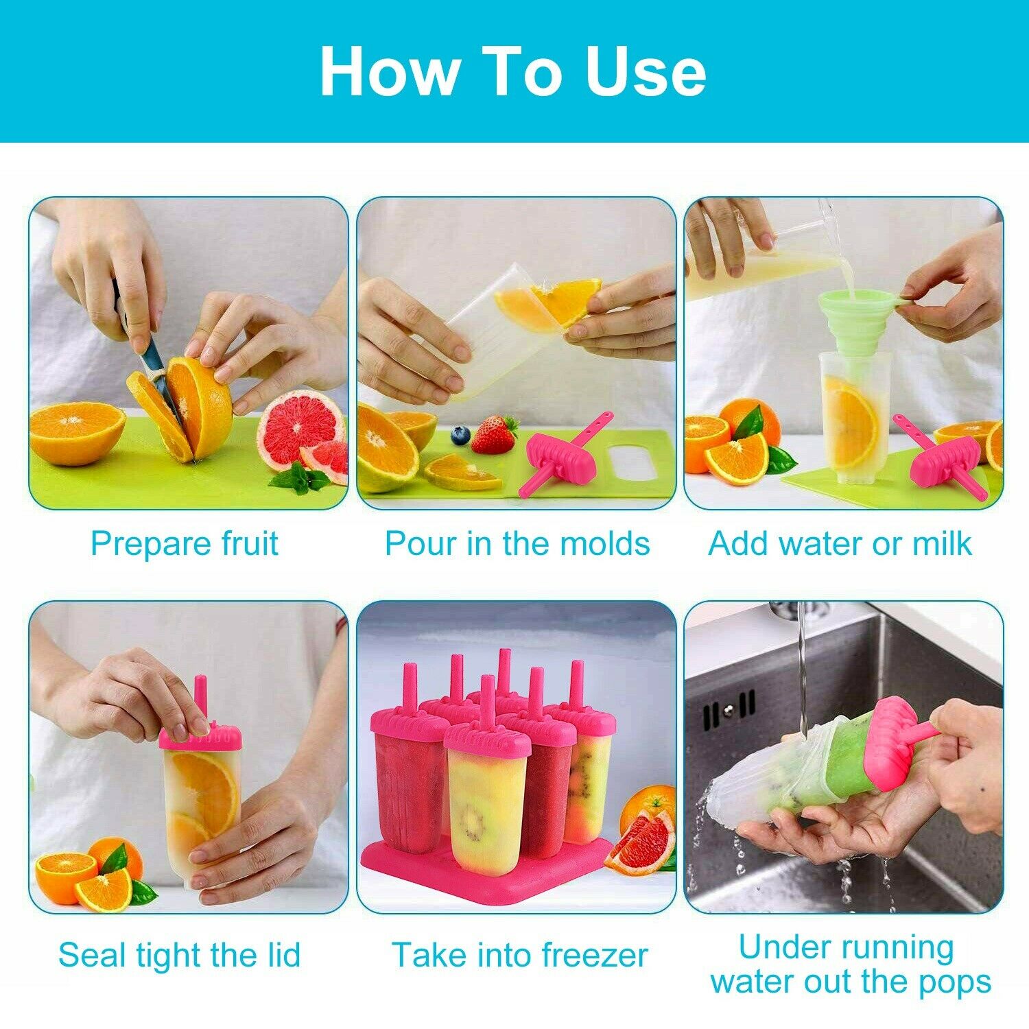 6Pcs Frozen Popsicle Molds DIY Ice Cream Pop Maker Freezer Tray Fruit with Stick - Fresh Stock Dated February 2026