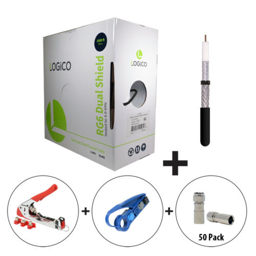 RG6 CoaxCable DualShield 1000FT Black+Strip Tool+Crimp Tool+50F-Type Connect Kit - Fresh Stock Dated December 2025