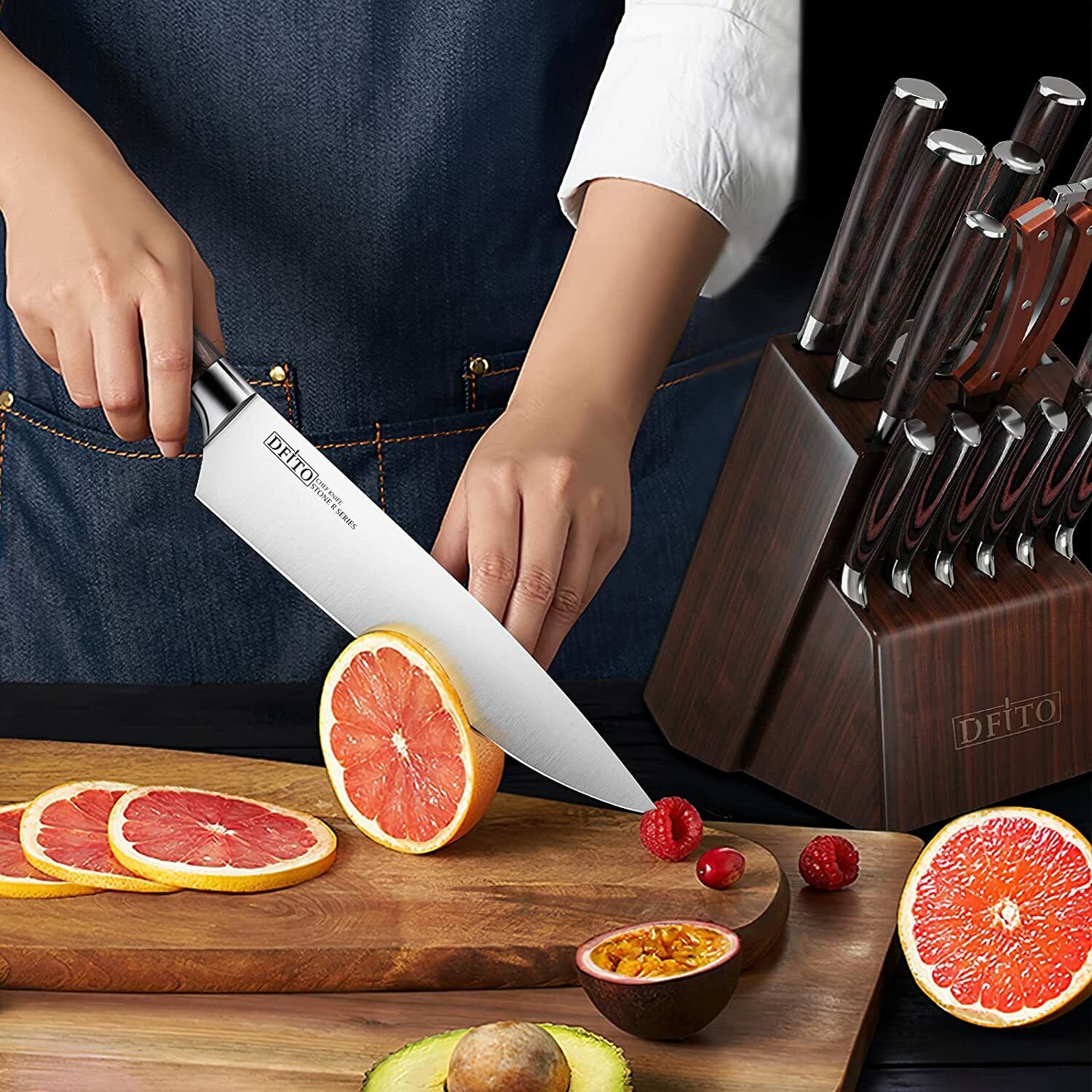Kitchen Knife Block Set Cutlery Steak Knives German Stainless Steel Sharpener US - Fresh Stock Dated February 2026
