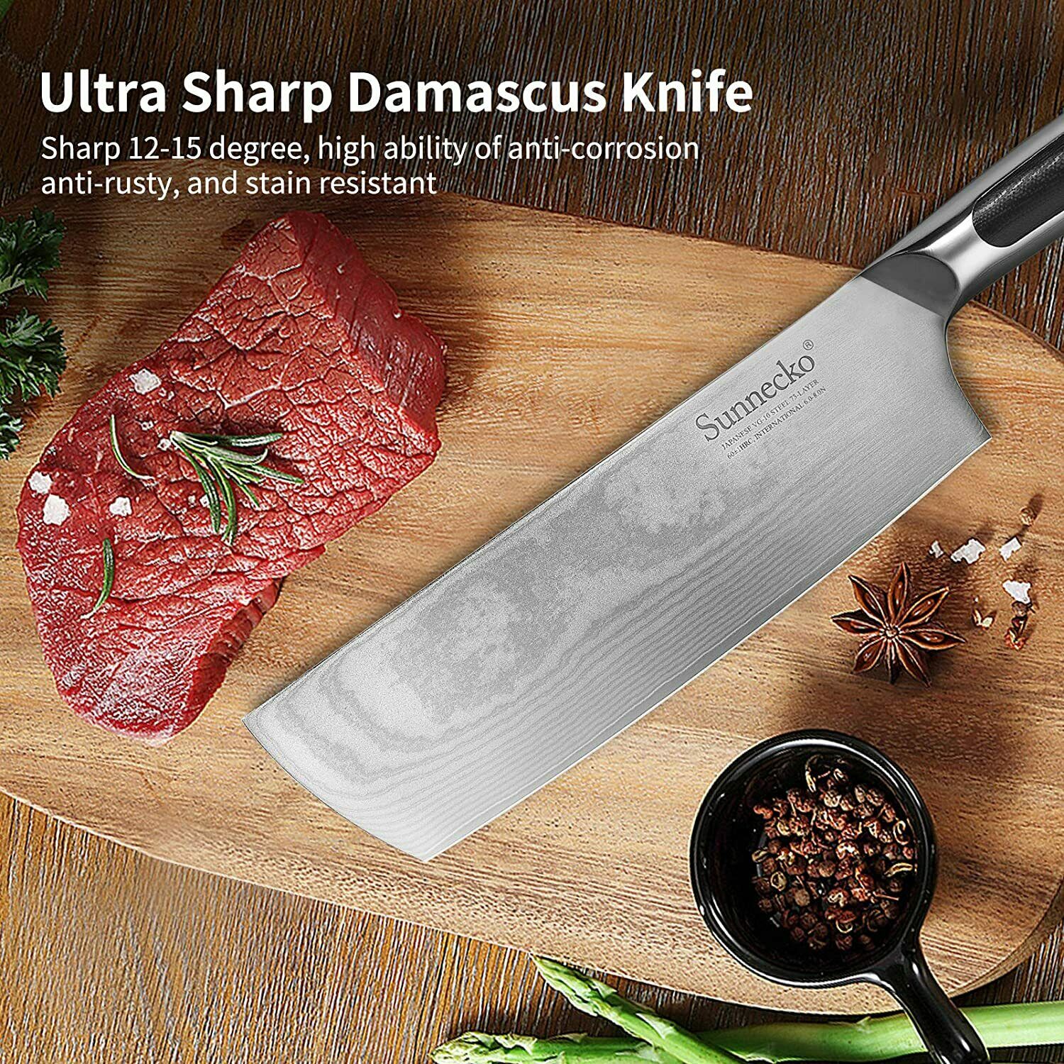 7 Inch Kitchen Nakiri Knife Damascus Steel Chef Cleaver Knife Meat Slicing Tool - Fresh Stock Dated February 2026