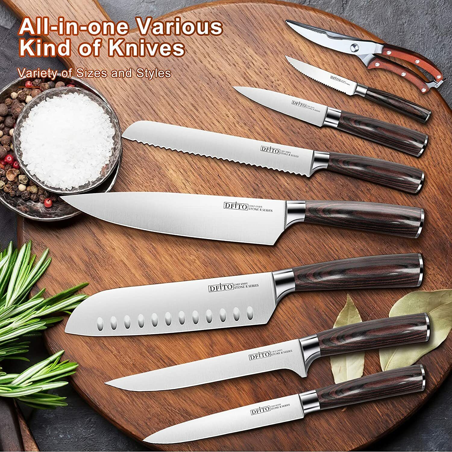 Kitchen Knife Block Set Cutlery Steak Knives German Stainless Steel Sharpener US - Fresh Stock Dated February 2026