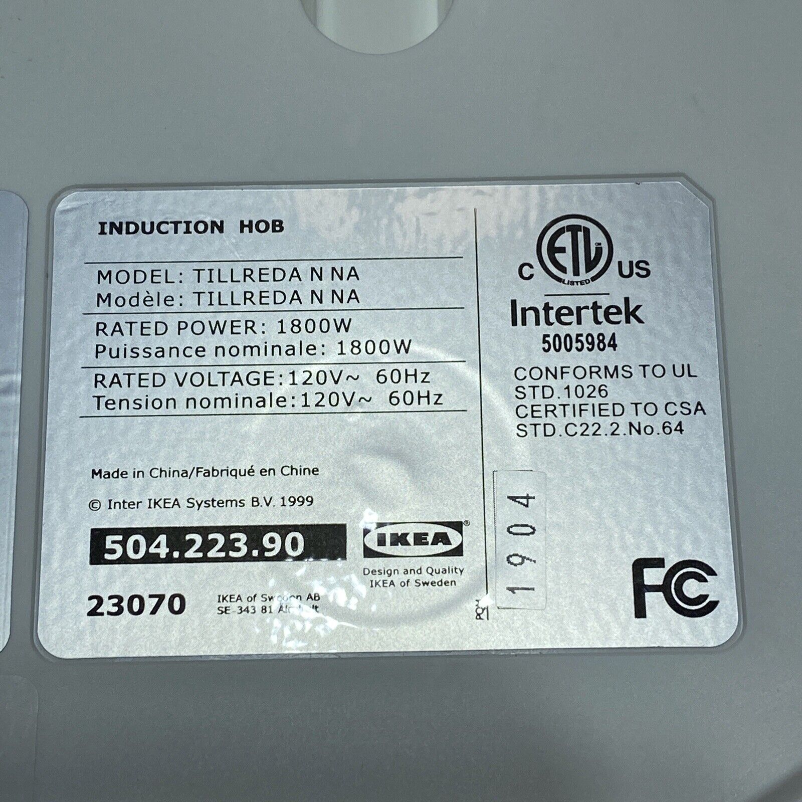 Ikea TILLREDA Portable Induction HOB Cooktop Burner 1800W, Clean, Tested Perfect - Fresh Stock Dated February 2026