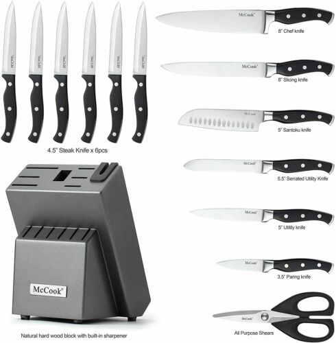 McCook 15pcs Kitchen Knives Cutlery Block Set Stainless Steel Built-in Sharpener - Fresh Stock Dated January 2026