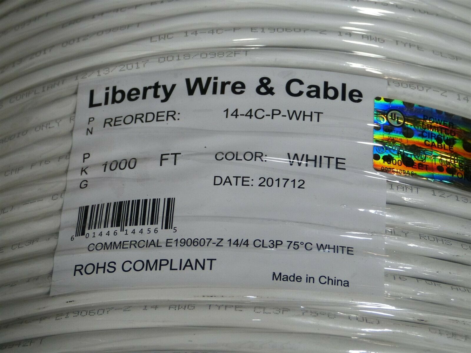 Liberty Wire & Cable 14-4C-P-WHT (1000') Commercial Grade 14 AWG 4 Plenum Cable - Fresh Stock Dated December 2025
