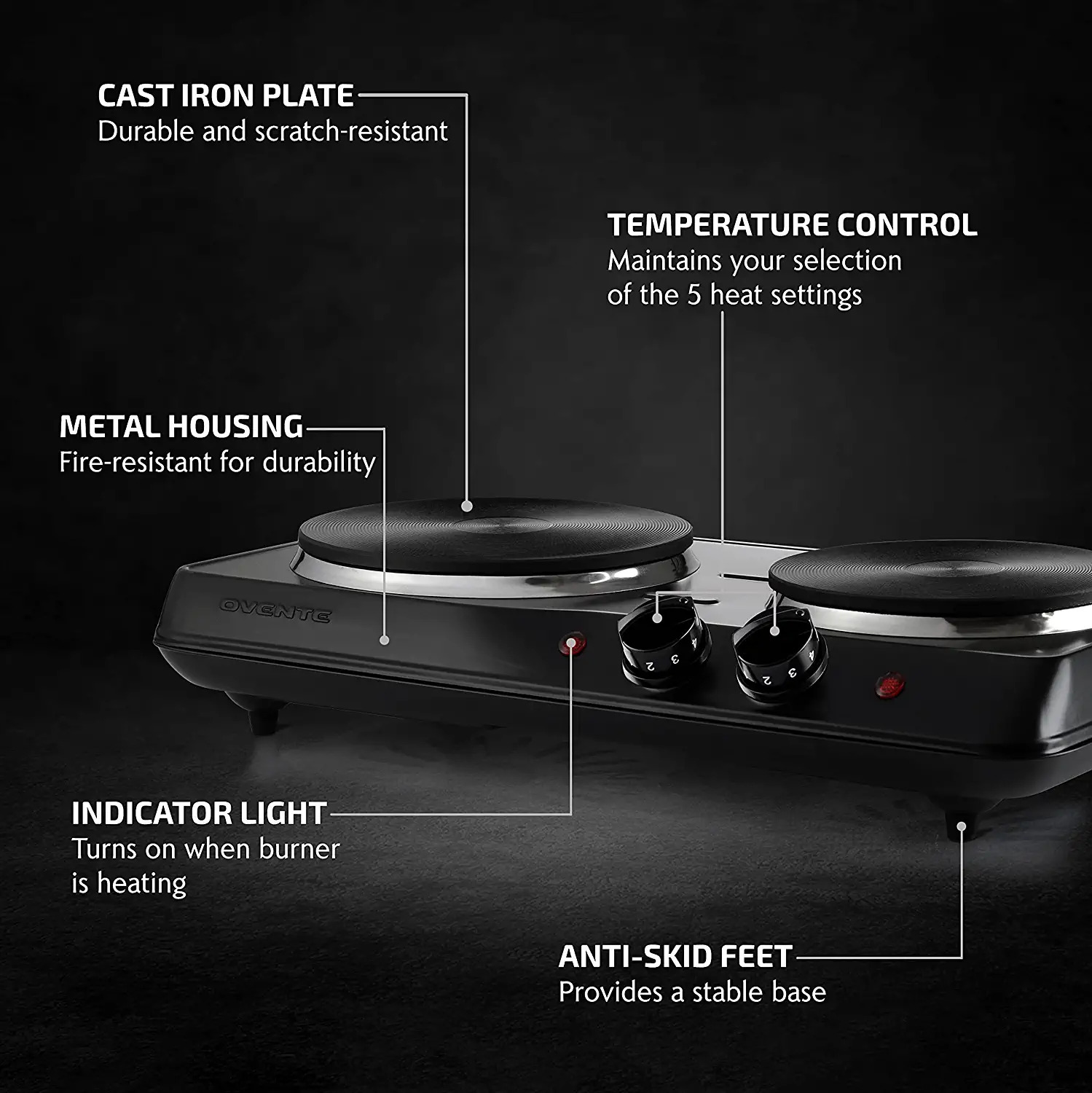 Ovente Electric Double Burner 6 & 7 Inch Cast Iron Hot Plates Cooktop with 5 Lev - Fresh Stock Dated February 2026