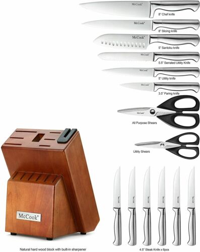 McCook MC29 15-Piece Kitchen Cutlery Set Knife Block Set Built-in Sharpener - Fresh Stock Dated January 2026