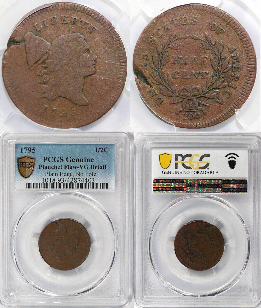 1795 1/2c Plain Edge No Pole Liberty Cap Half Cent PCGS VG DETAIL PLANCHET FLAW - Fresh Stock Dated December 2025