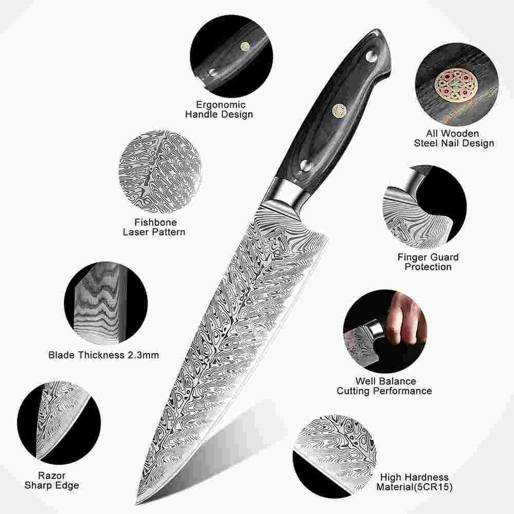 Stainless Steel Kitchen Knife Set Japanese Damascus Pattern Cleaver Chef Knives - Fresh Stock Dated February 2026