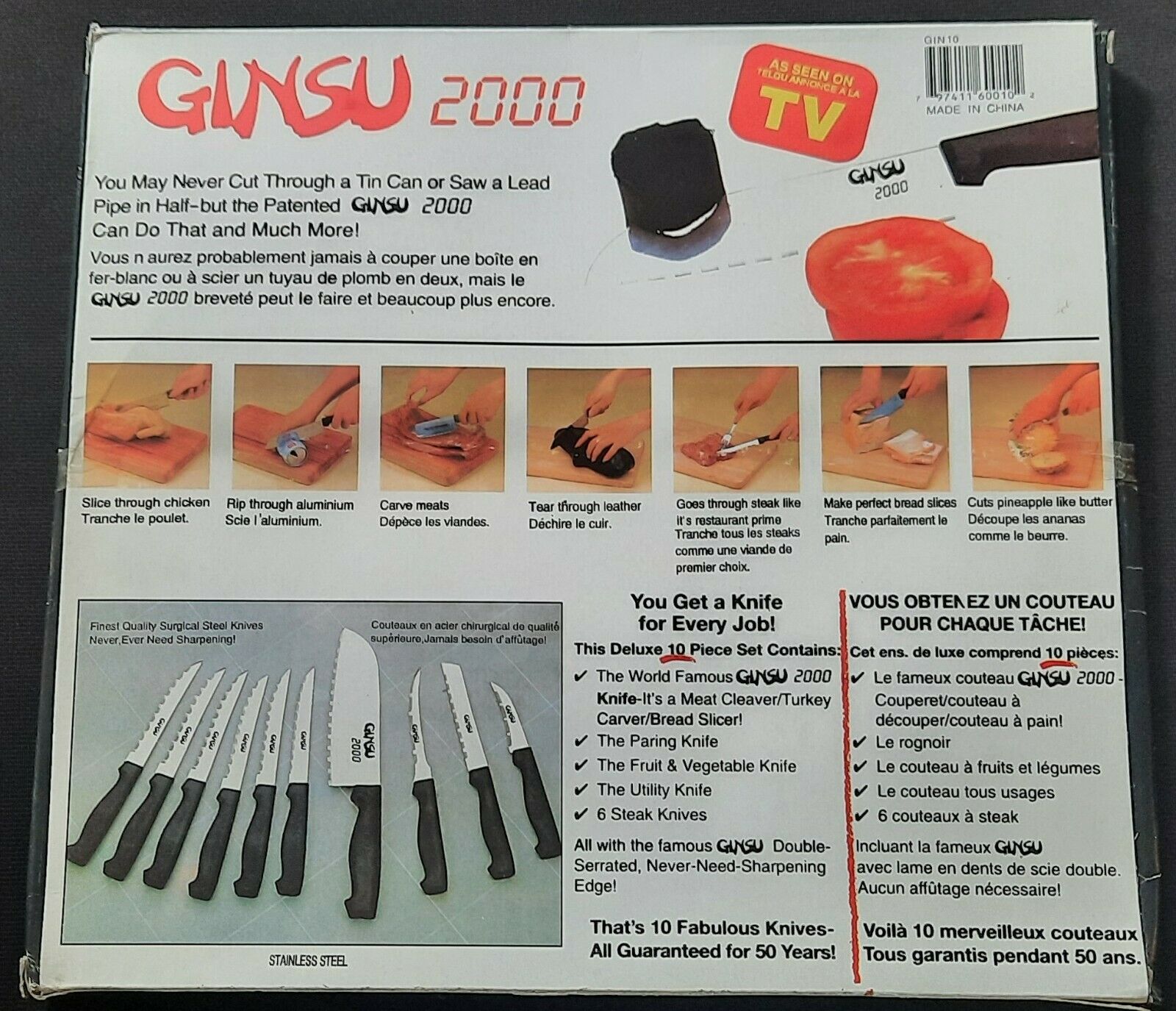 Original Ginsu 2000 Knives Stainless Steel 10 Pc Set As Seen on TV w Box-VINTAGE - Fresh Stock Dated February 2026
