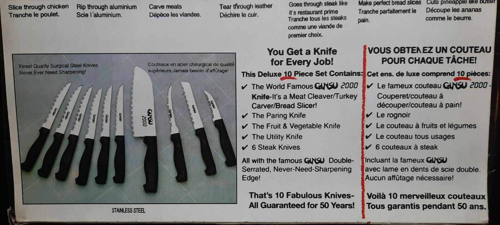 Original Ginsu 2000 Knives Stainless Steel 10 Pc Set As Seen on TV w Box-VINTAGE - Fresh Stock Dated February 2026