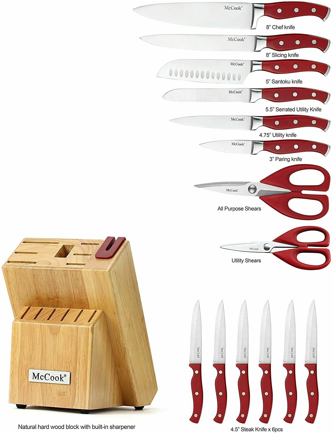 McCook 15PCS Kitchen Knife Block Set with Built-in Sharpener Knife Cutlery Set - Fresh Stock Dated February 2026