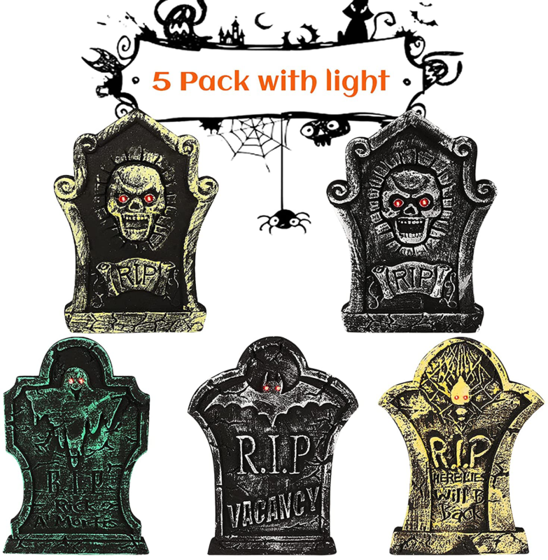 Halloween Foam Tombstones 5 PCS Graveyard LED Lights Yard Lawn Decorations Large - Fresh Stock Dated February 2026