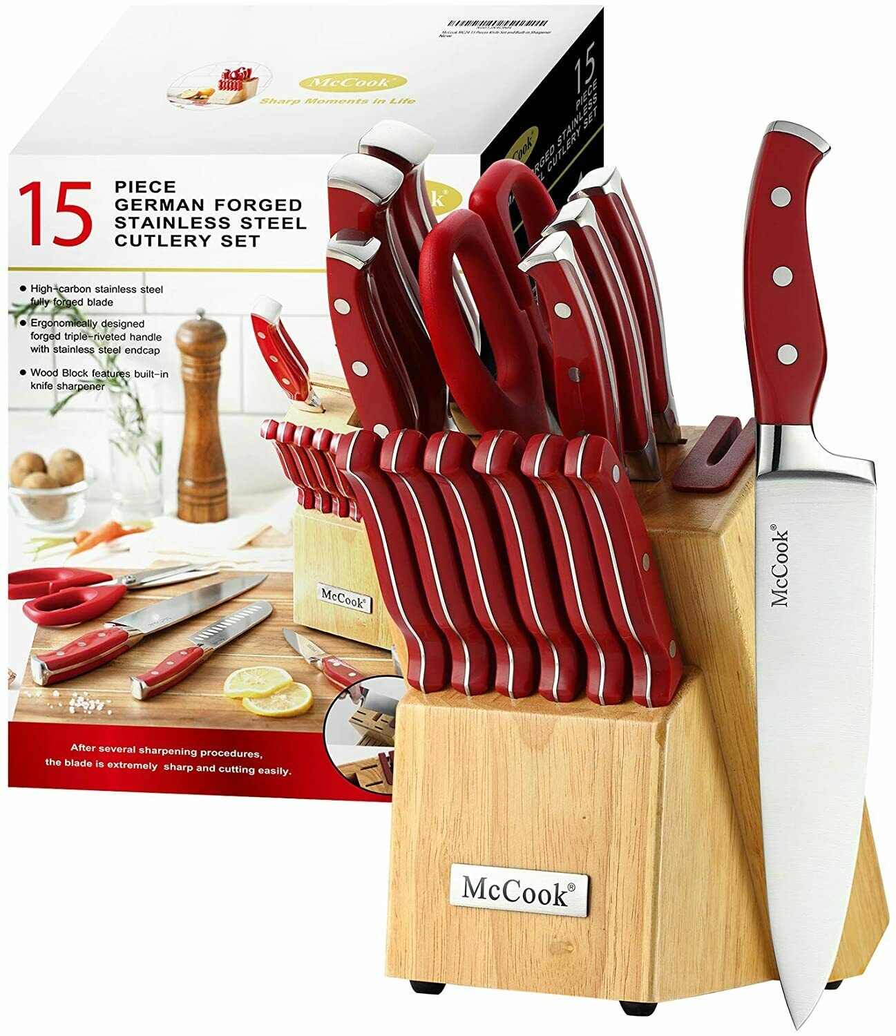 McCook 15PCS Kitchen Knife Block Set with Built-in Sharpener Knife Cutlery Set - Fresh Stock Dated February 2026