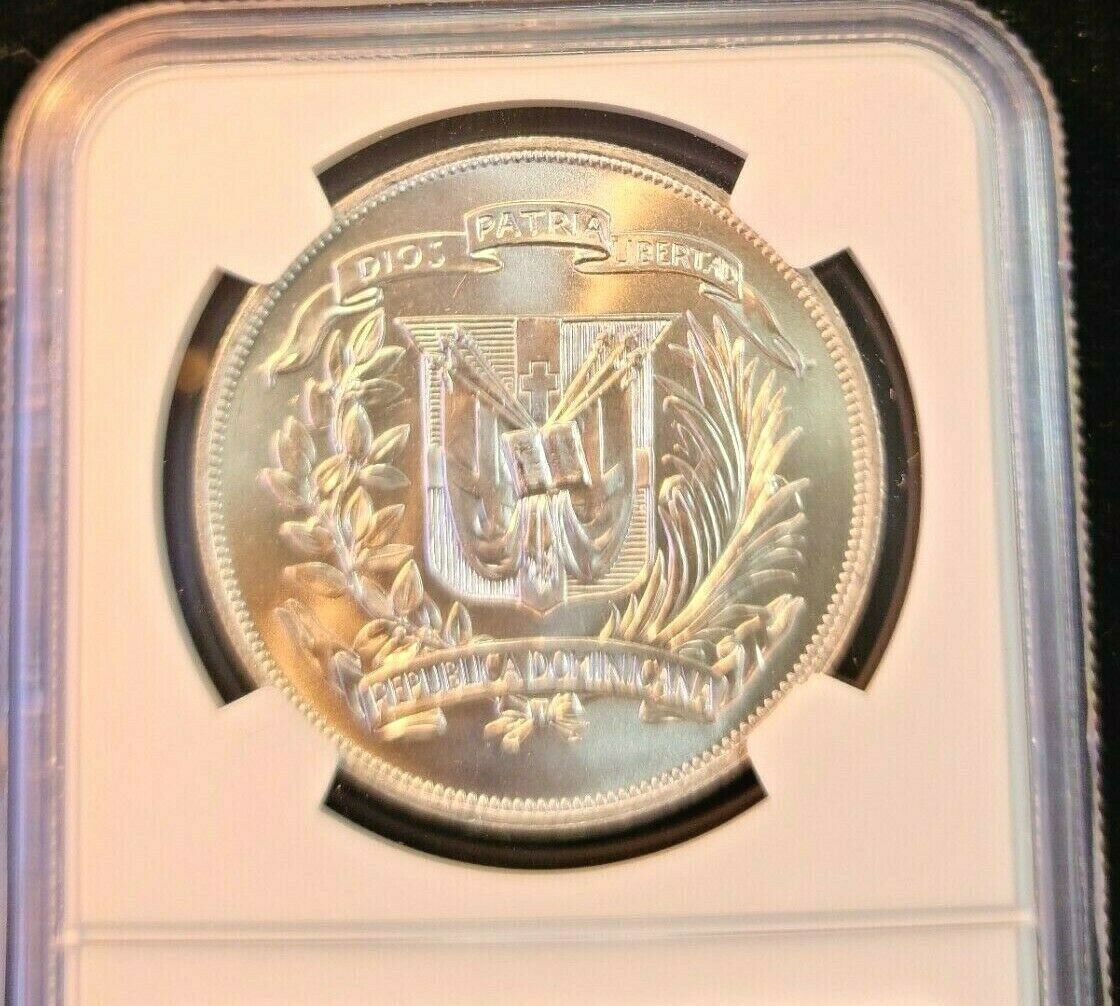 1974 DOMINICAN REPUBLIC SILVER 1 PESO CENTRAL AMERICAN GAMES NGC MS 65 GEM BU - Fresh Stock Dated December 2025