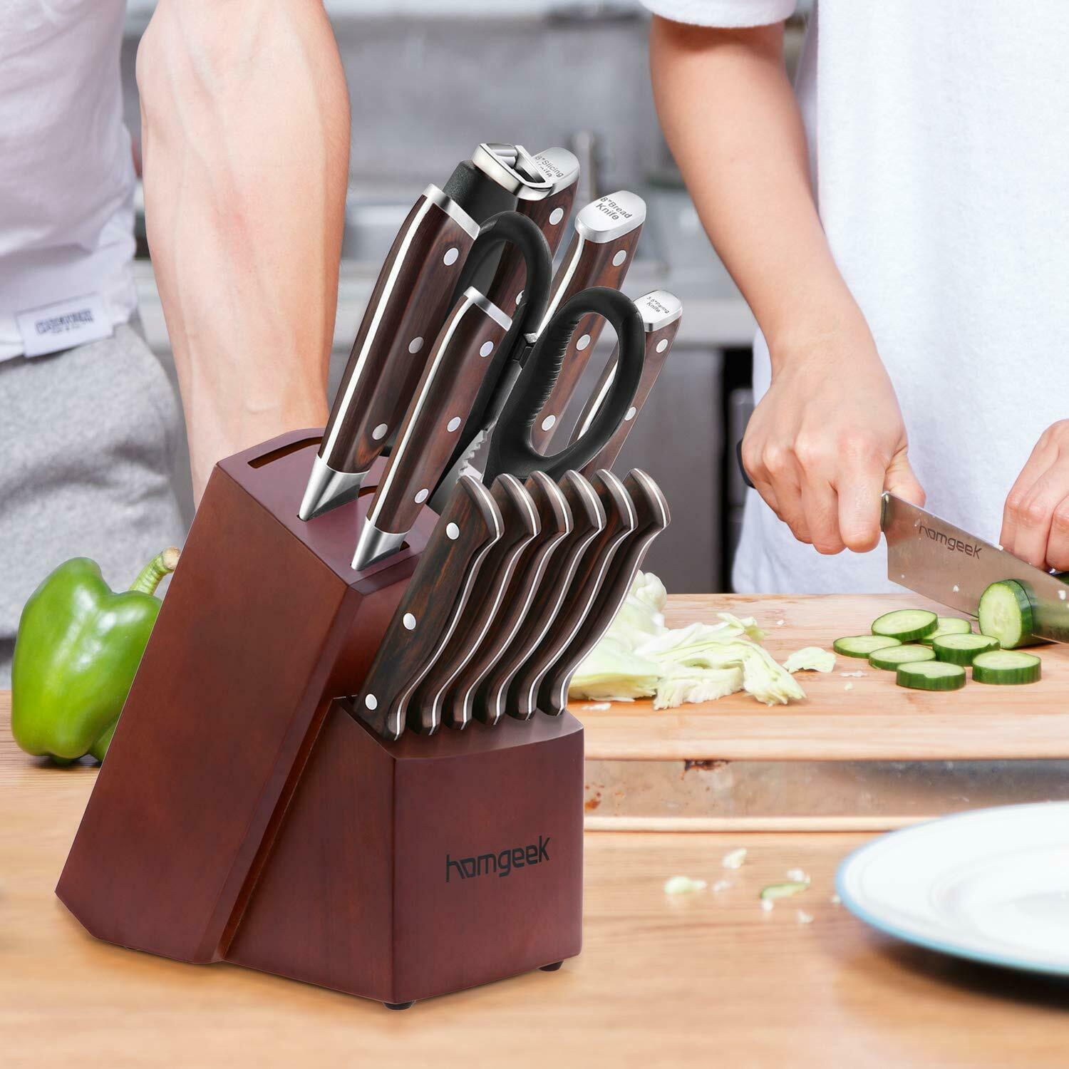 Knife Set, 15-Piece Kitchen Knife Set with Block Wooden, Manual Sharpening - Fresh Stock Dated January 2026