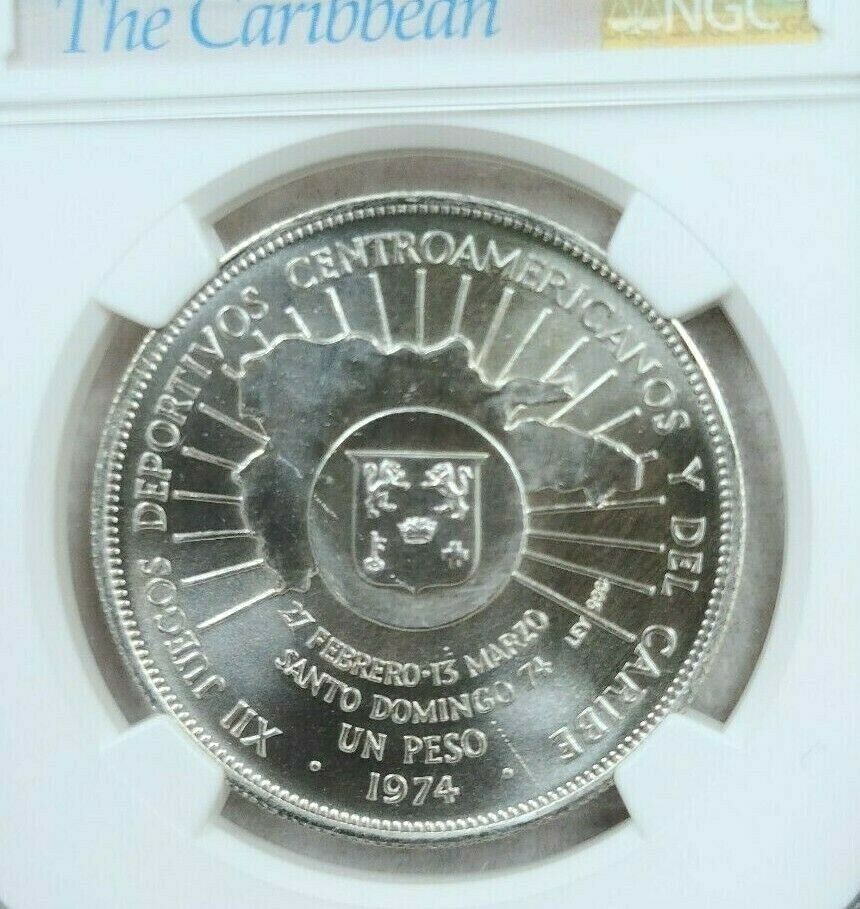 1974 DOMINICAN REPUBLIC SILVER 1 PESO CENTRAL AMERICAN GAMES NGC MS 65 GEM BU - Fresh Stock Dated December 2025