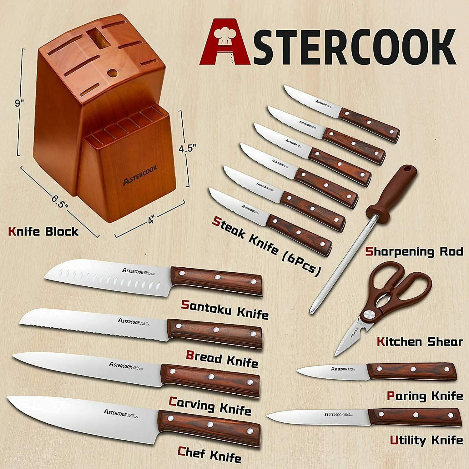 Knife Set, 15-Piece Kitchen Knife Set with Block Wooden German Stainless Steel - Fresh Stock Dated January 2026