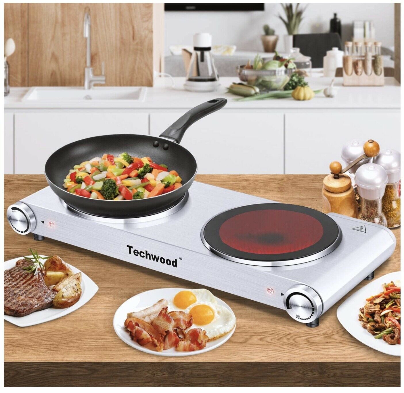 Techwood Double Infared Ceramic Cooktop, 1800W, Stainless Steel, Brand New - Fresh Stock Dated February 2026