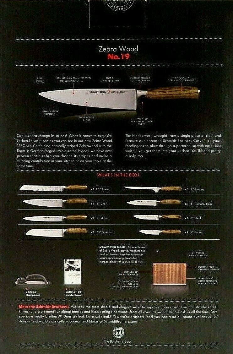 Schmidt Brothers High-Carbon Stainless Steel Cutlery Zebra Wood, 15-Piece Set - Fresh Stock Dated January 2026