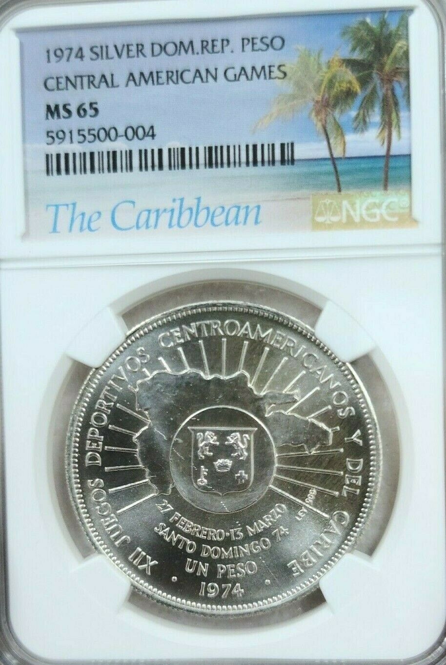 1974 DOMINICAN REPUBLIC SILVER 1 PESO CENTRAL AMERICAN GAMES NGC MS 65 GEM BU - Fresh Stock Dated December 2025