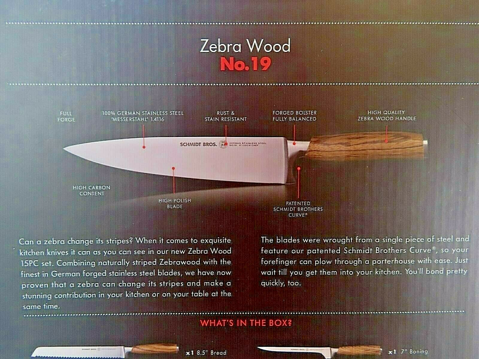 Schmidt Brothers High-Carbon Stainless Steel Cutlery Zebra Wood, 15-Piece Set - Fresh Stock Dated January 2026