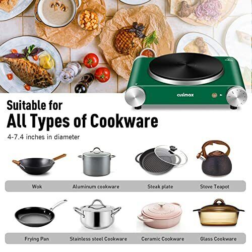 Cusimax Hot Plate for Cooking 1500W Electric Single Burner Portable Stove ,Green - Fresh Stock Dated February 2026