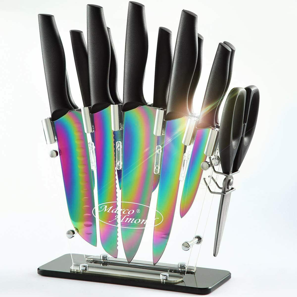14PCS Titanium Rainbow Kitchen Knife Set Cutlery Set with Stand Stainless Steel - Fresh Stock Dated February 2026