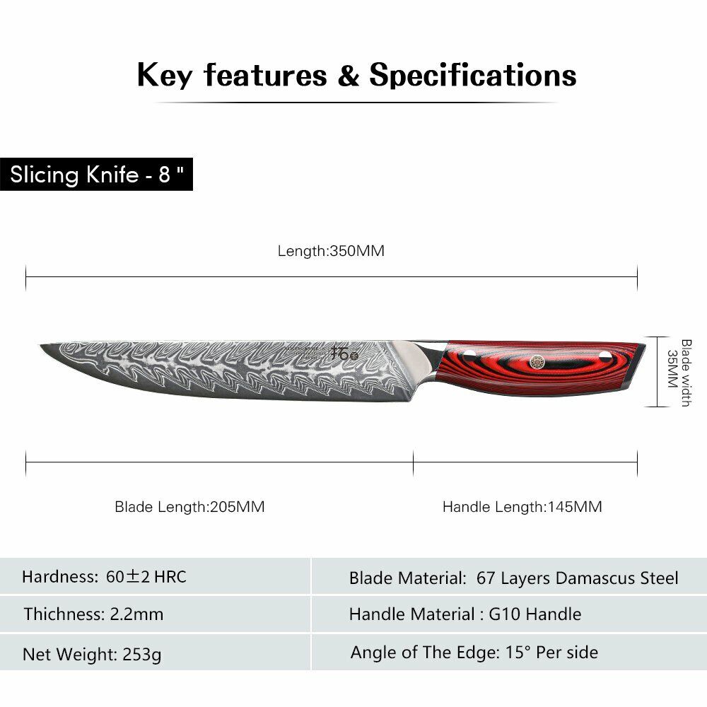 TURWHO 8inch Slicing Knife 67-Layer Japanese VG10 Damascus Steel Kitchen Knife - Fresh Stock Dated February 2026
