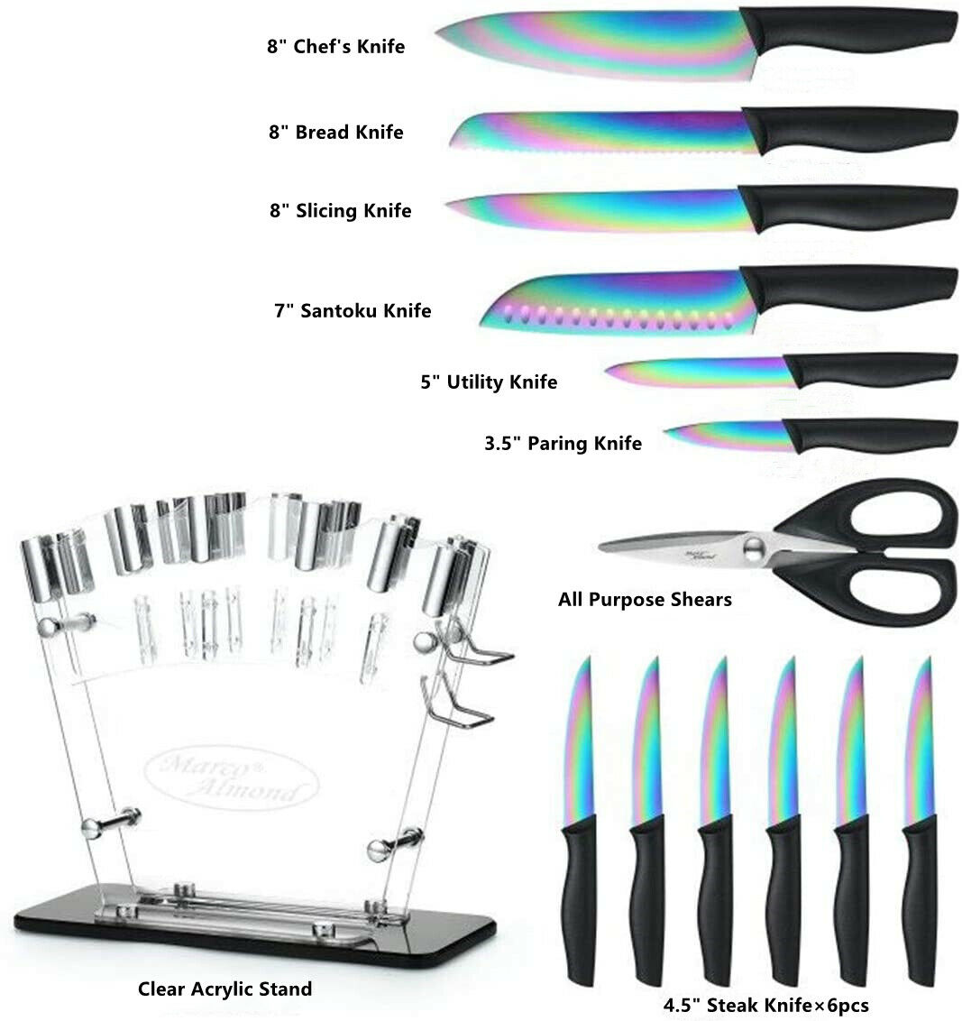 14PCS Titanium Rainbow Kitchen Knife Set Cutlery Set with Stand Stainless Steel - Fresh Stock Dated February 2026