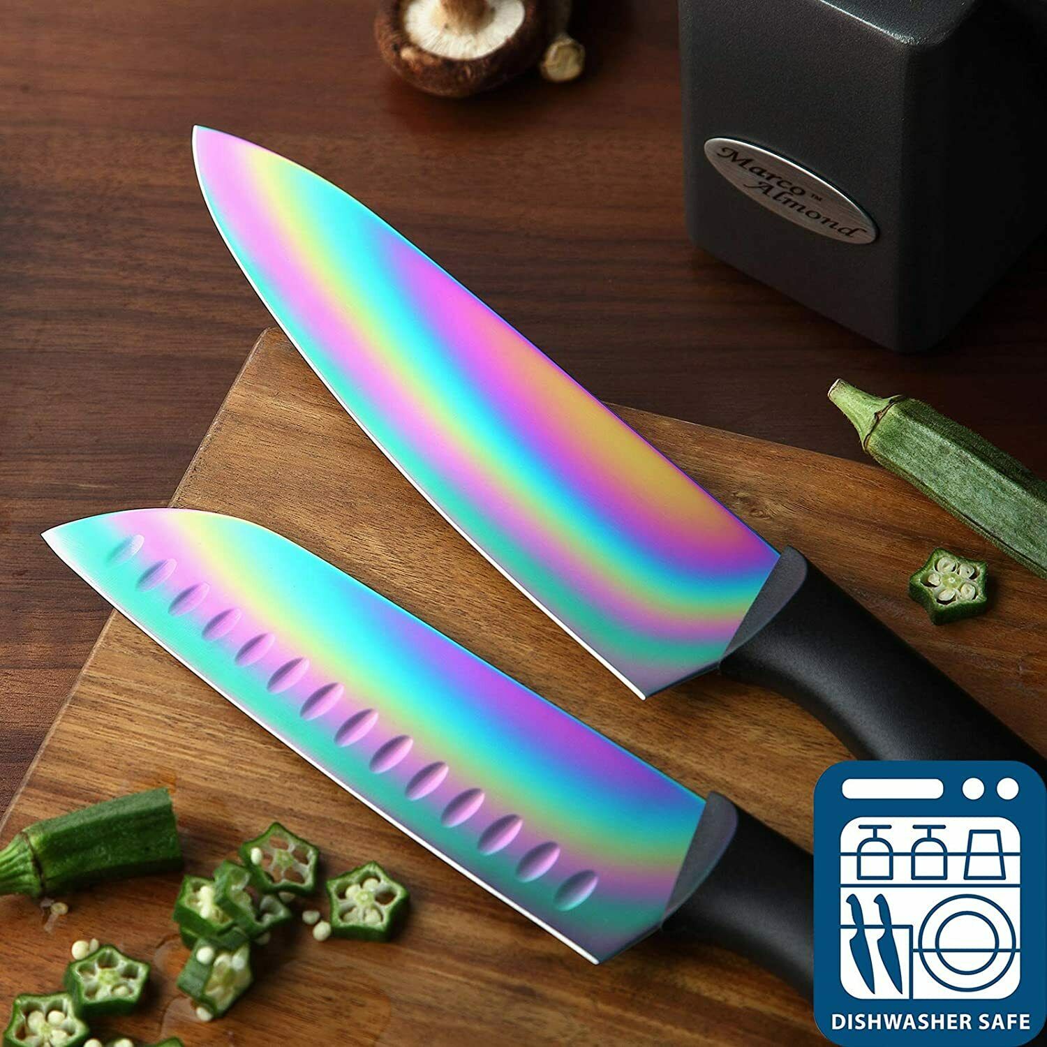 14PCS Titanium Rainbow Kitchen Knife Set Cutlery Set with Stand Stainless Steel - Fresh Stock Dated February 2026