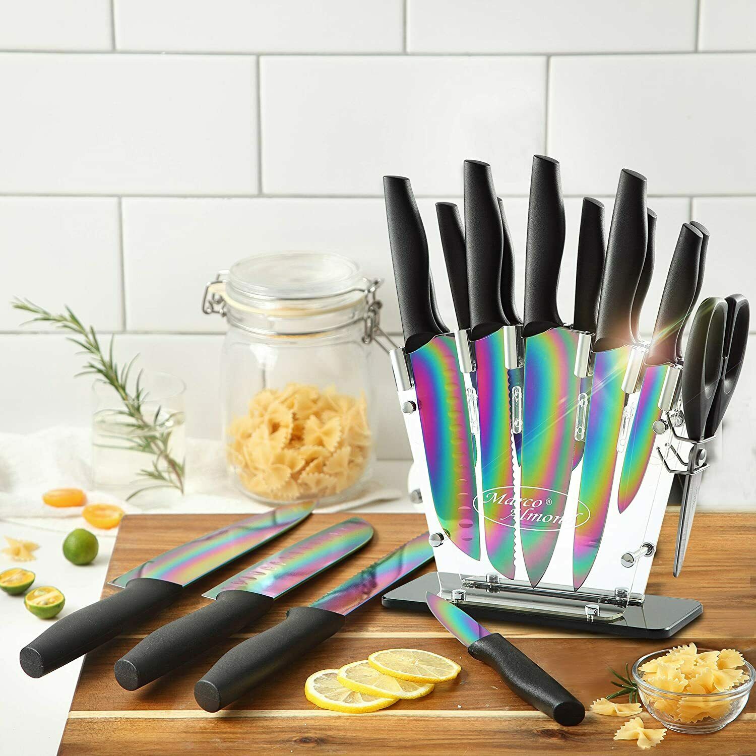 14PCS Titanium Rainbow Kitchen Knife Set Cutlery Set with Stand Stainless Steel - Fresh Stock Dated February 2026