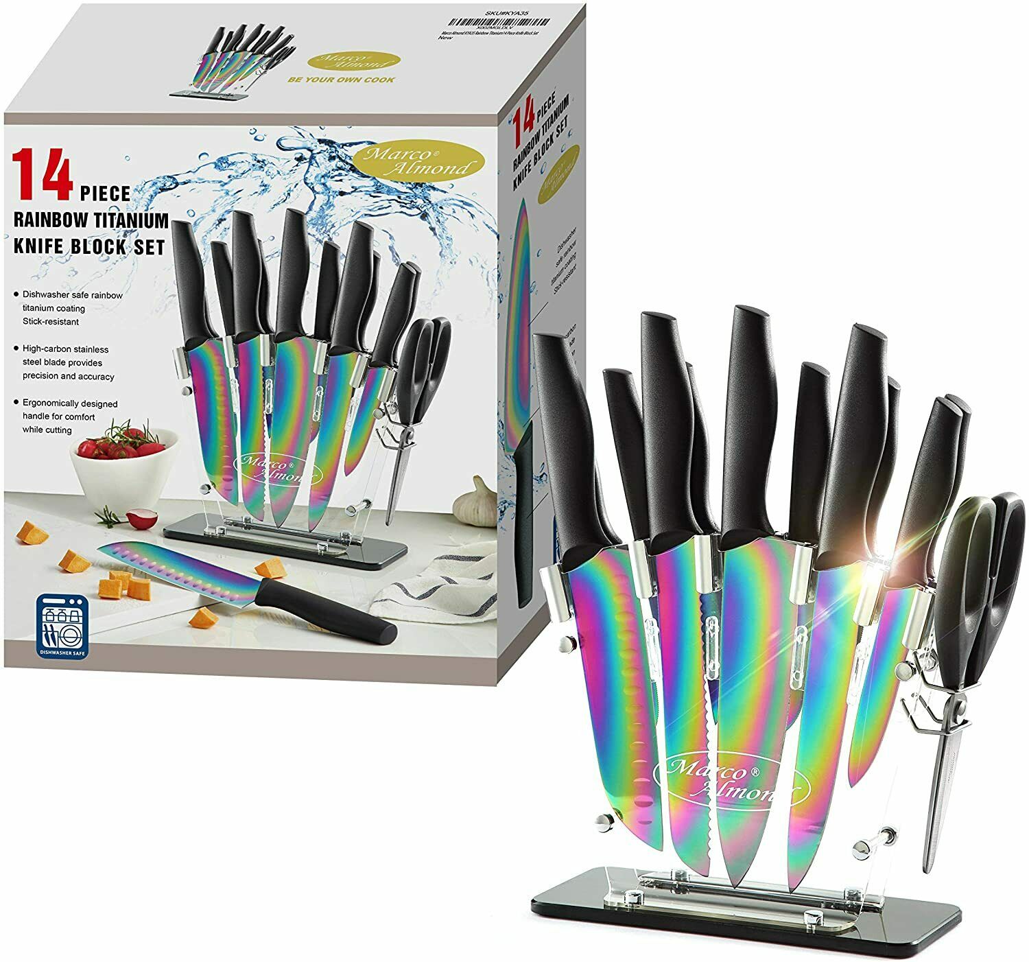14PCS Titanium Rainbow Kitchen Knife Set Cutlery Set with Stand Stainless Steel - Fresh Stock Dated February 2026