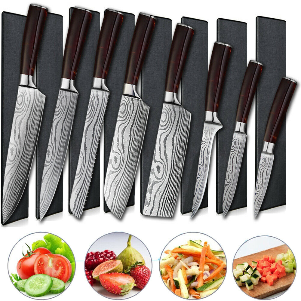 8PCS Pro Kitchen Chef Knife Set Damascus Pattern Carbon Steel Cleaver Knives -US - Fresh Stock Dated February 2026