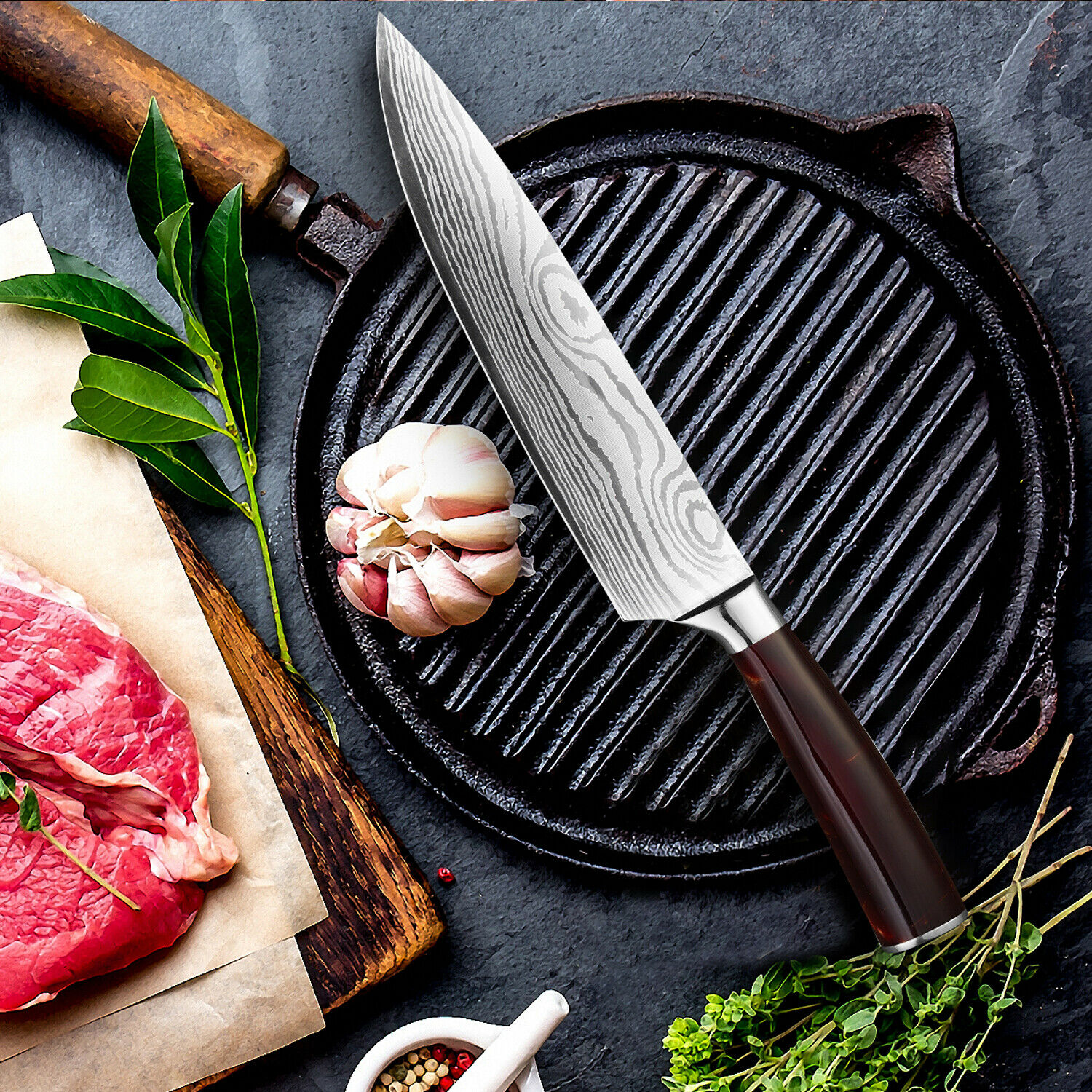 8PCS Pro Kitchen Chef Knife Set Damascus Pattern Carbon Steel Cleaver Knives -US - Fresh Stock Dated February 2026