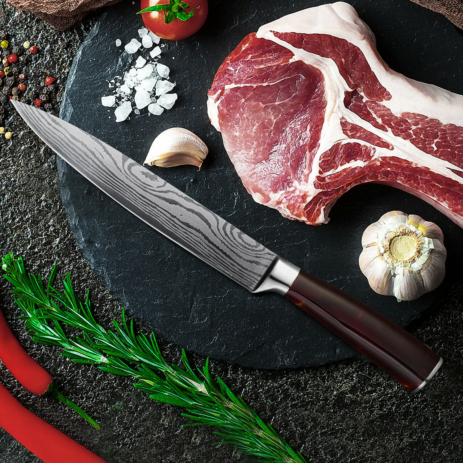 8PCS Pro Kitchen Chef Knife Set Damascus Pattern Carbon Steel Cleaver Knives -US - Fresh Stock Dated February 2026