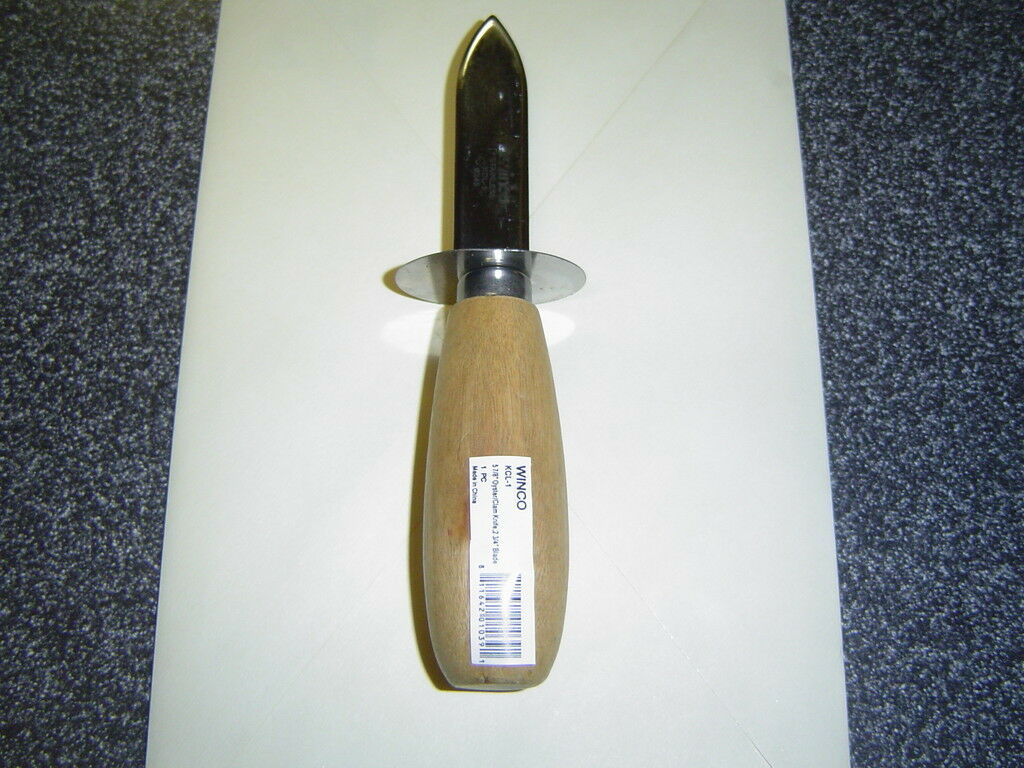 WINCO 1 OYSTER CLAM KNIFE KCL-1 WOODEN WOOD HANDLE STAINLESS BLADE SHUCKER GUARD - Fresh Stock Dated January 2026
