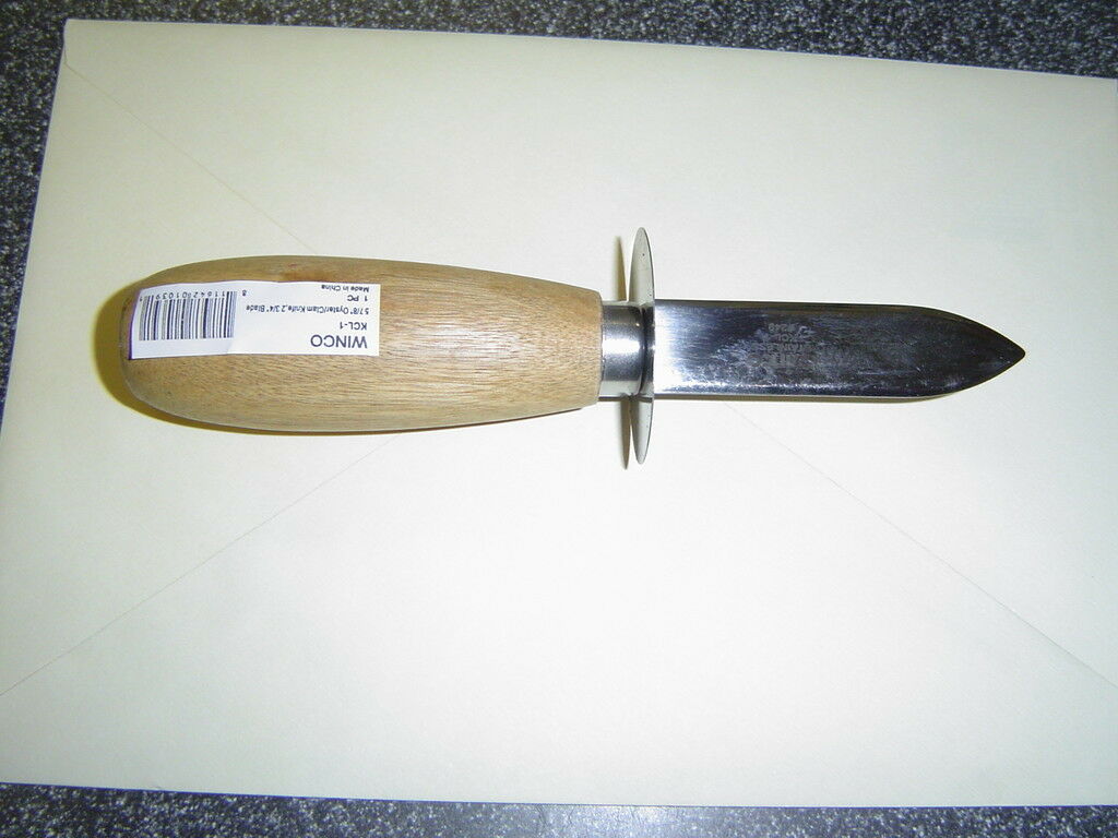 WINCO 1 OYSTER CLAM KNIFE KCL-1 WOODEN WOOD HANDLE STAINLESS BLADE SHUCKER GUARD - Fresh Stock Dated January 2026