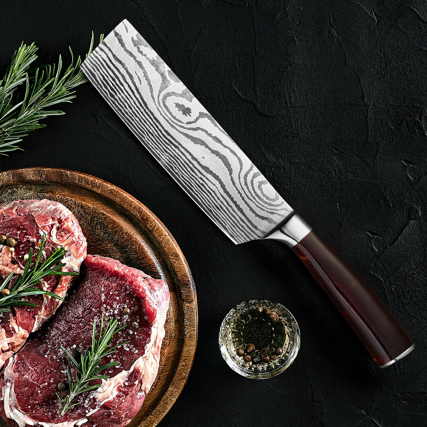 8PCS Pro Kitchen Chef Knife Set Damascus Pattern Carbon Steel Cleaver Knives -US - Fresh Stock Dated February 2026