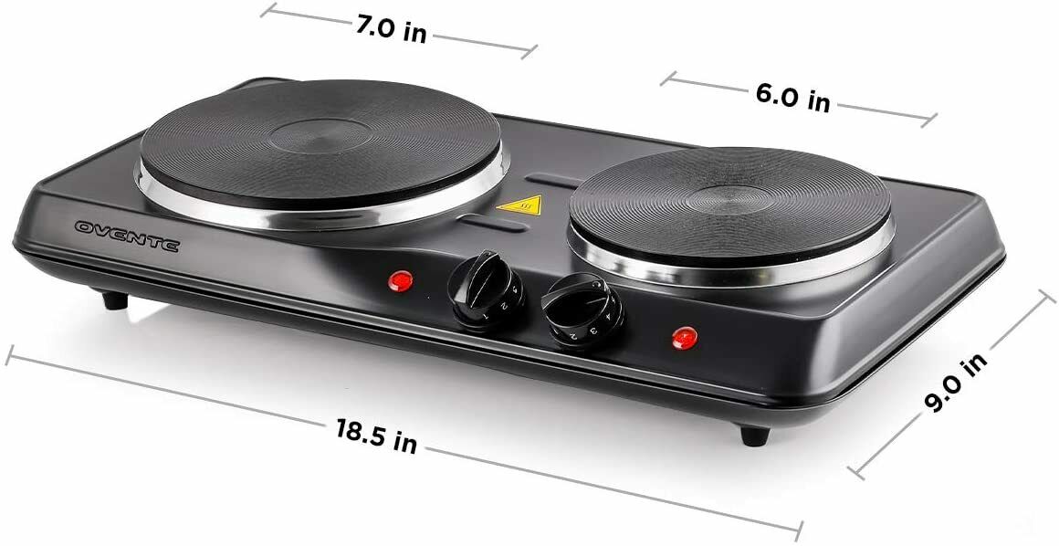Ovente Electric Cast Iron Burner 7 Inch Double Hot Plate Compact Cooktop BGS102B - Fresh Stock Dated February 2026
