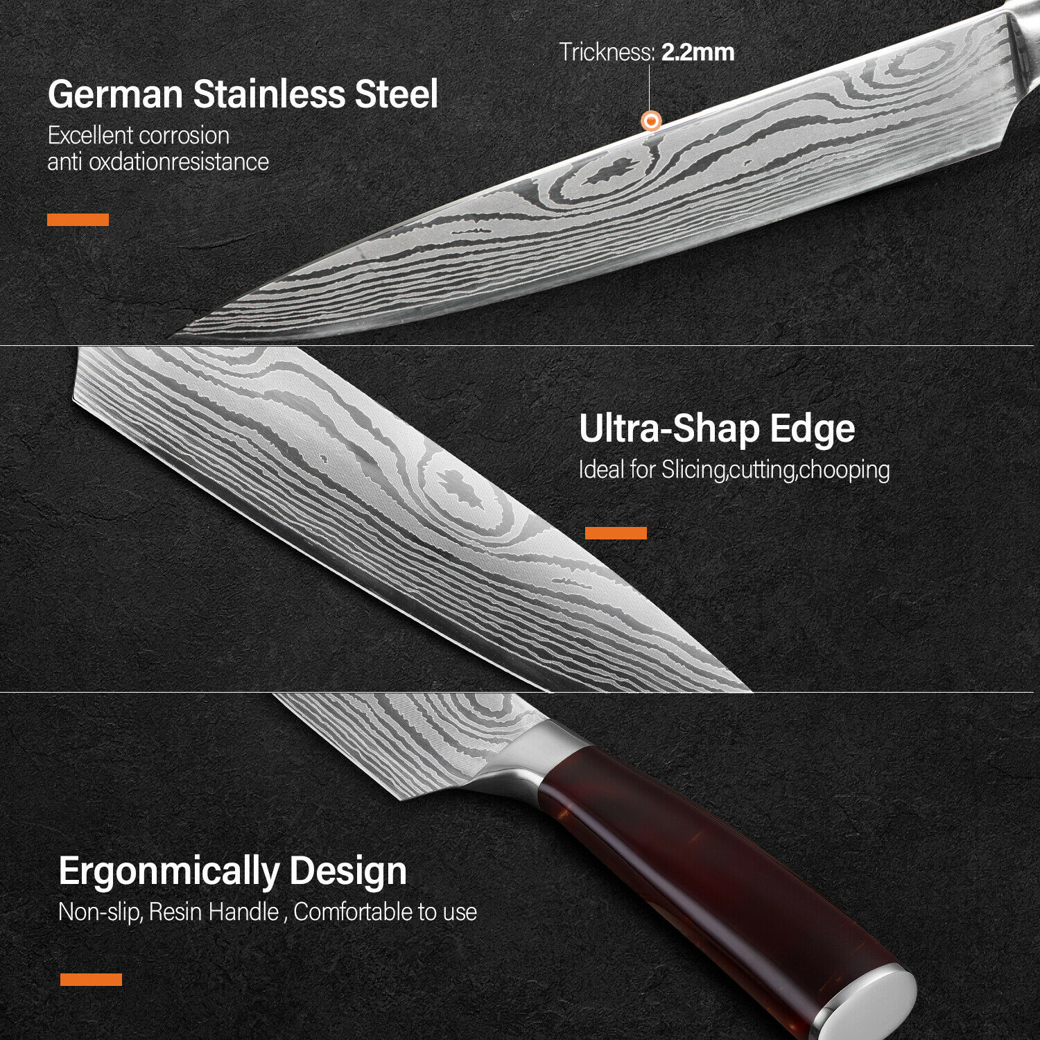 8PCS Pro Kitchen Chef Knife Set Damascus Pattern Carbon Steel Cleaver Knives -US - Fresh Stock Dated February 2026