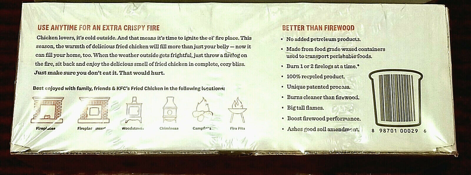 KFC Kentucky Fried Chicken Scented Firelog by Enviro-Log Limited Edition Log HOT - Fresh Stock Dated January 2026