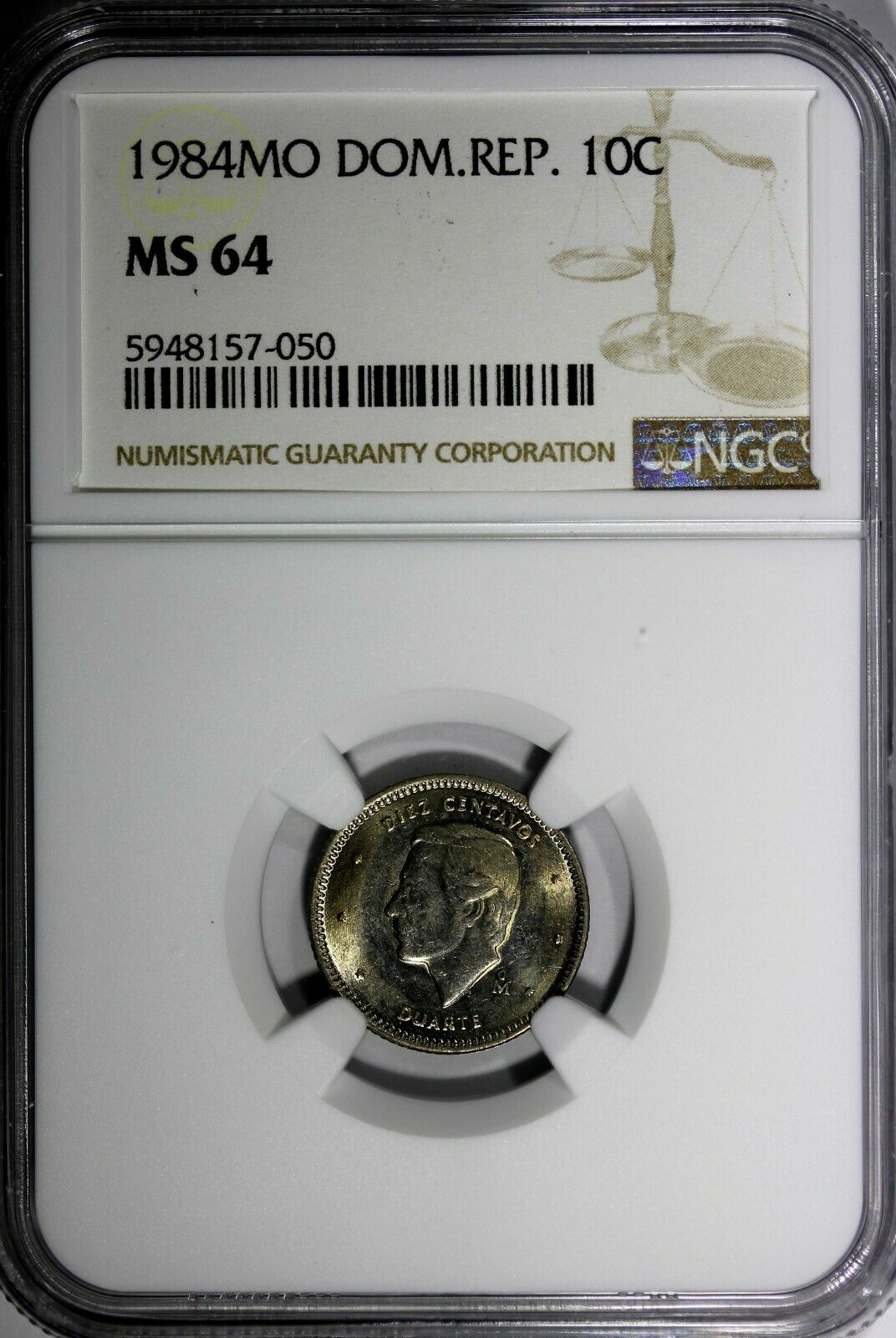 Dominican Republic Duarte 1984 MO 10 Centavos NGC MS64 Human Rights KM# 60 (50) - Fresh Stock Dated December 2025